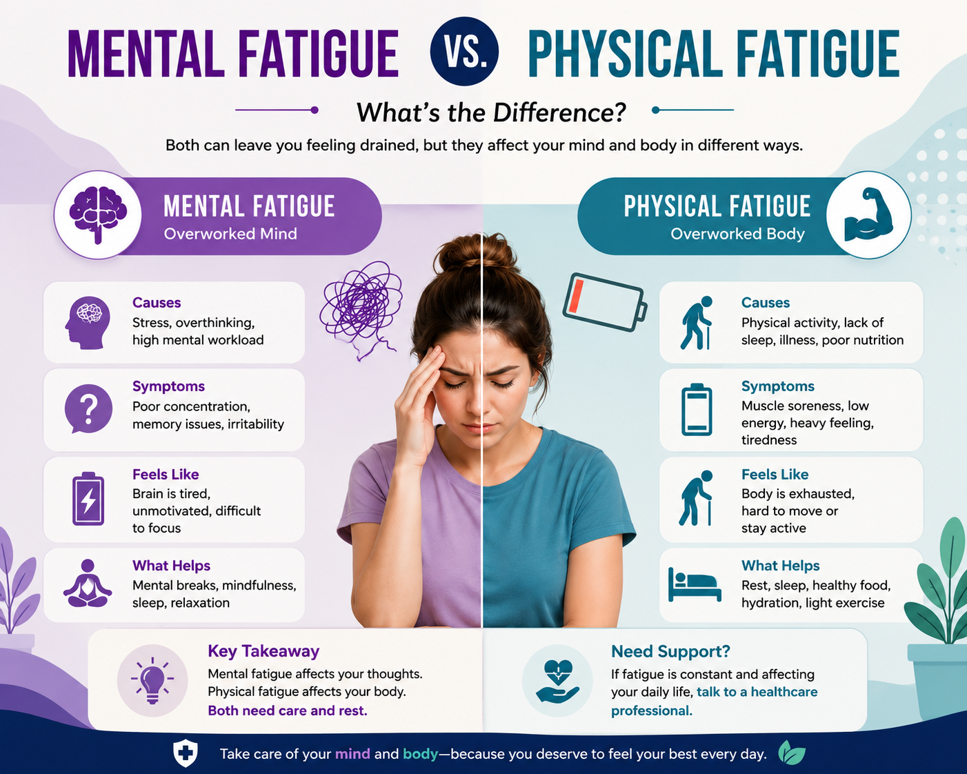 Preventive medical care for mental fatigue vs physical fatigue